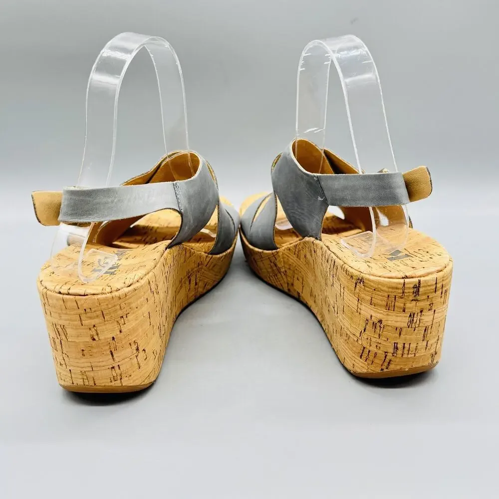 Korks Sandals Womens 8 Gray Leather Slingback Cork Wedge Platform Comfort Shoes
